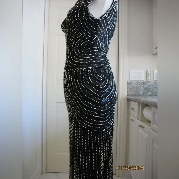 Parker Black Fully Beaded Art Deco Evening Gown Mesh Illusion Maxi Dress Size 4 - Picture 8 of 14